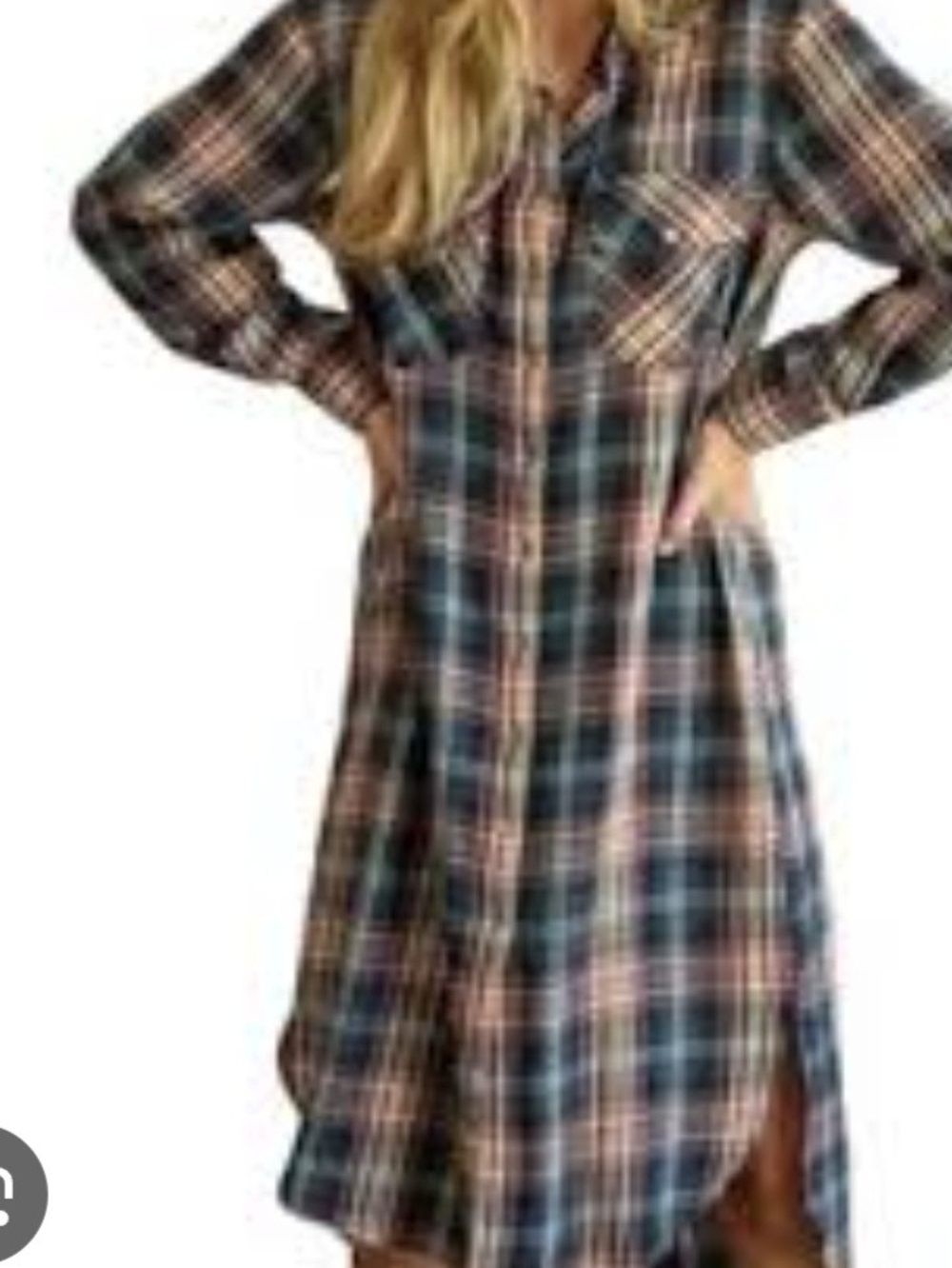 NATURAL LIFE Plaid Long-Sleeve Shirt Dress in Navy and Tan